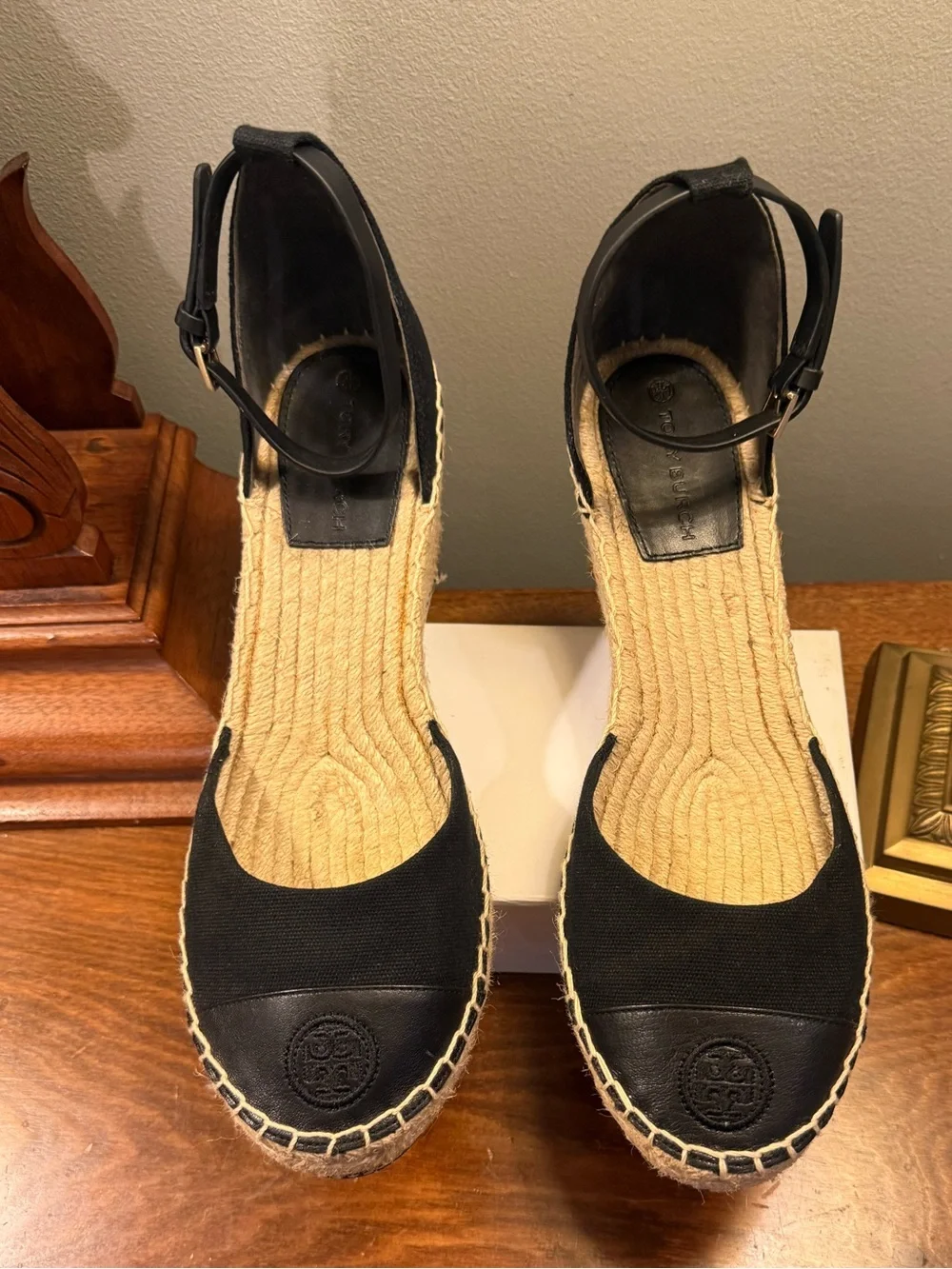 Tory Burch Black Canvas/Leather Espadrille Ankle-Strap Wedge Sandals Size 10.5